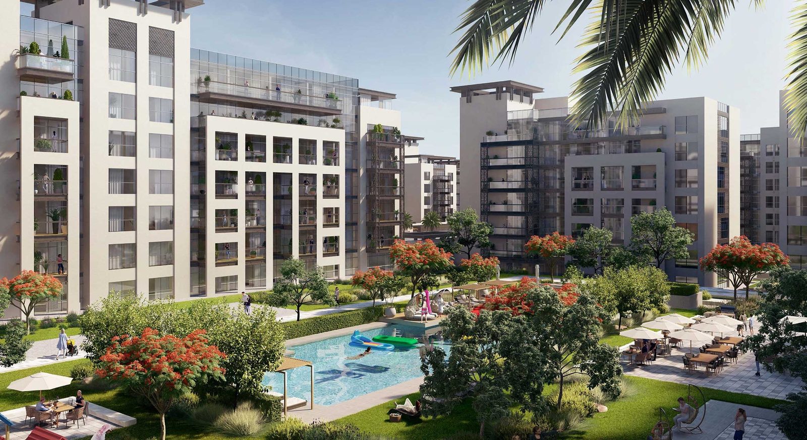 The Plaza courtyard with a swimming pool and landscaped gardens
