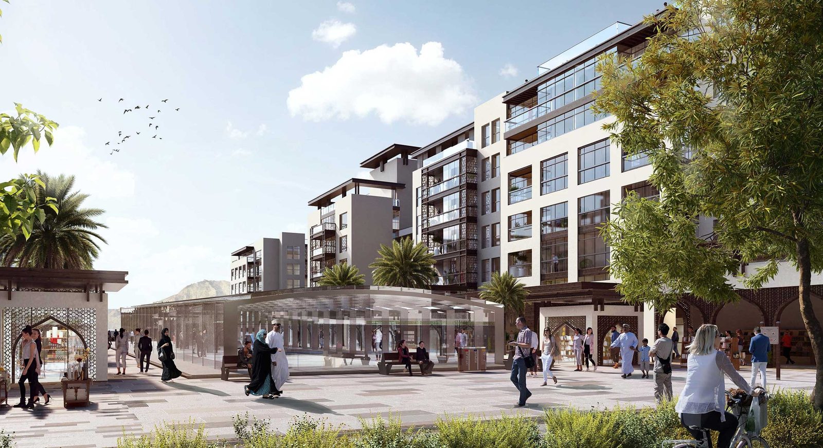 Pedestrian promenade between The Plaza apartment buildings