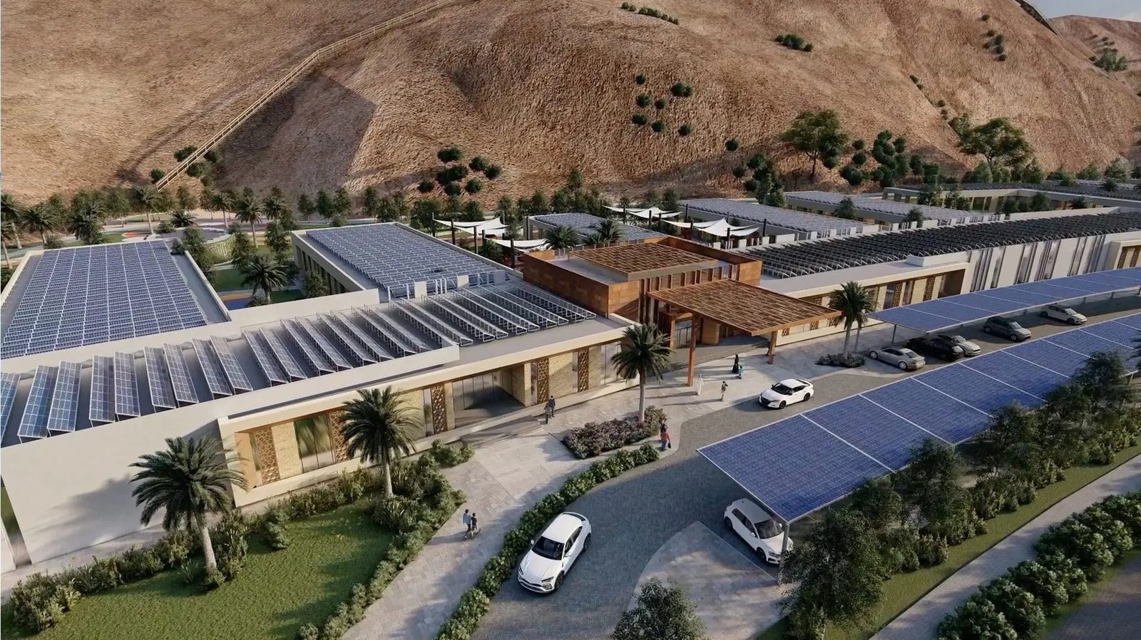 Community buildings with solar roofs and solar car canopies